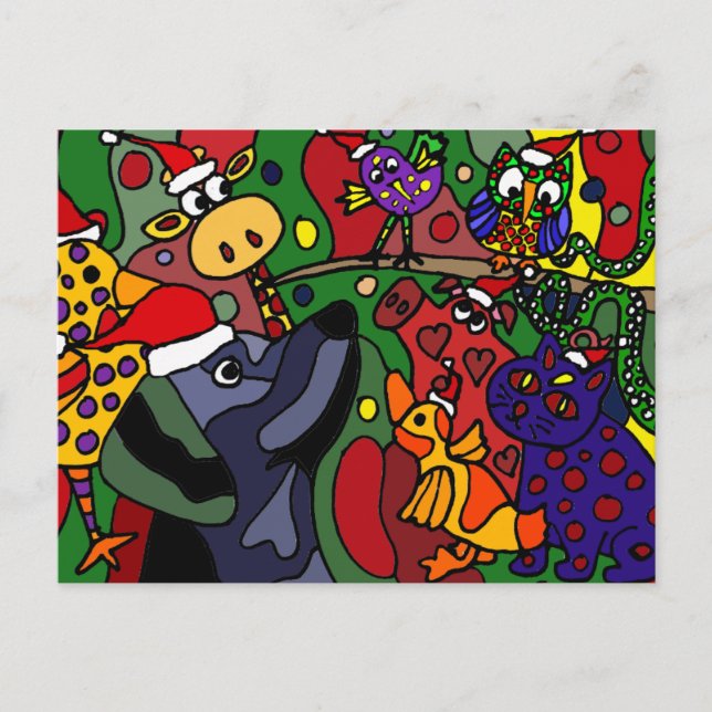 Funny Christmas Animals Abstract Art Original Holiday Postcard (Front)