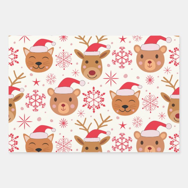 Funny Christmas Animals with Santa Hats  Wrapping Paper Sheet (Front 3)