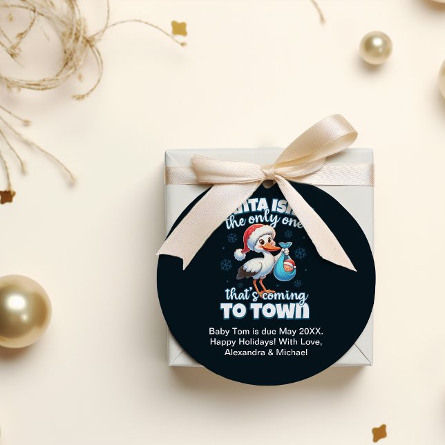 Funny Christmas Baby Pregnancy Announcement Classic Round Sticker (Creator Uploaded)