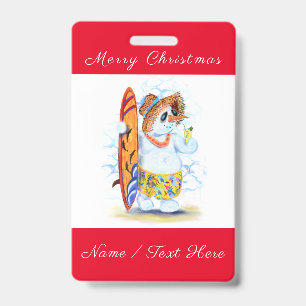 Funny Christmas Badge with Snowman Surfer ID Badge