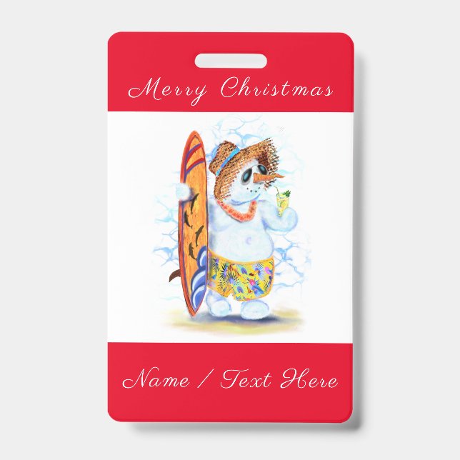 Funny Christmas Badge with Snowman Surfer ID Badge (Front)