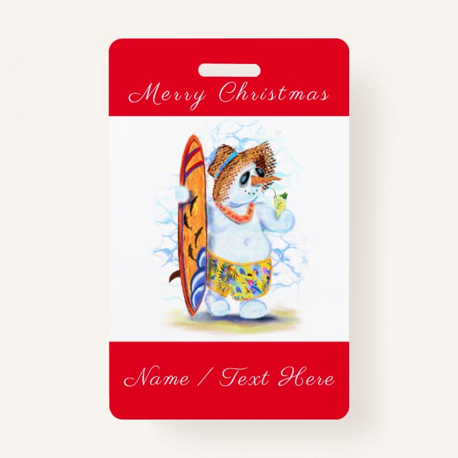Funny Christmas Badge with Snowman Surfer ID Badge (Front)