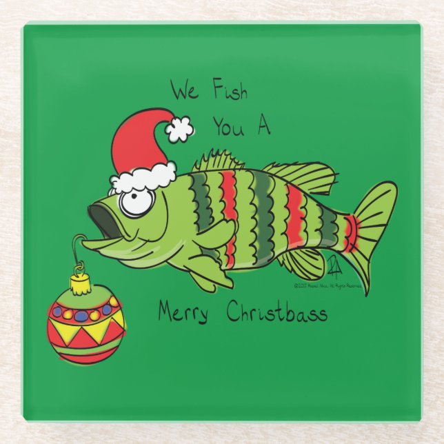 Funny Christmas Bass Fishing Fish Cute Cartoon Glass Coaster (Front)