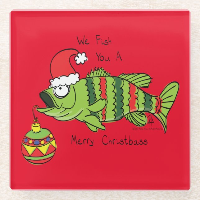 Funny Christmas Bass Fishing Fish Cute Cartoon Glass Coaster (Front)