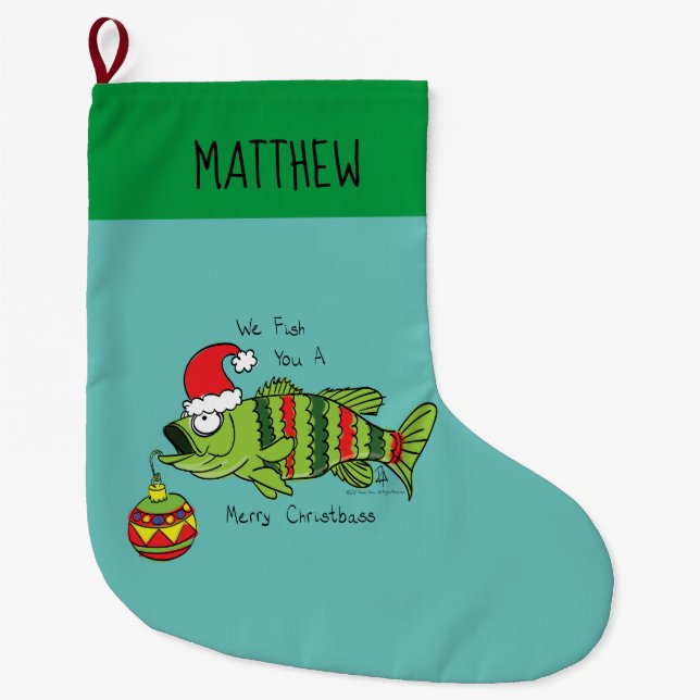 Funny Christmas Bass Fishing Fish Cute Cartoon Large Christmas Stocking (Front)