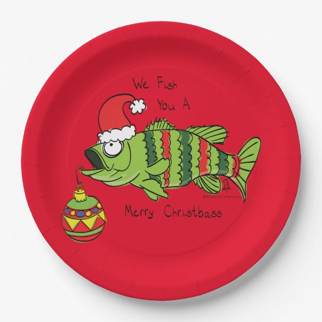Funny Christmas Bass Fishing Fish Cute Cartoon Paper Plate (Front)