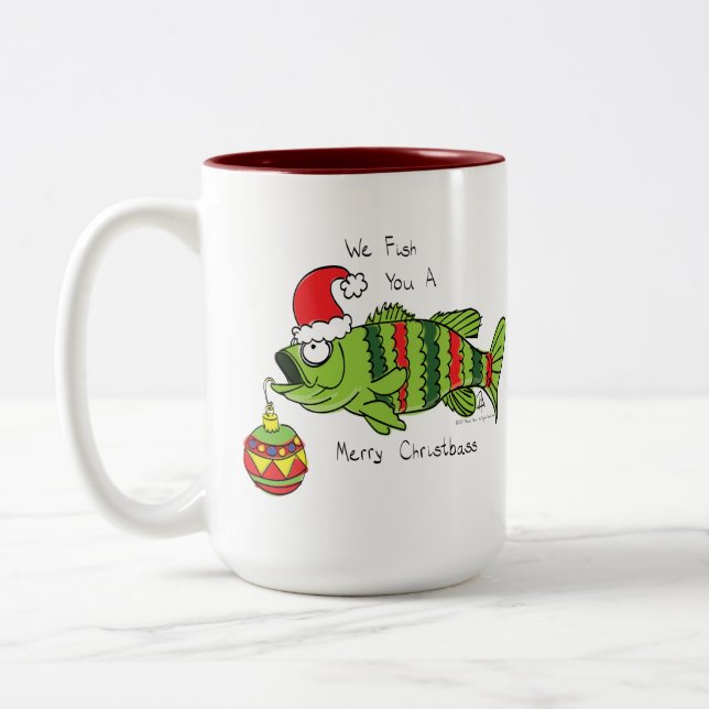 Funny Christmas Bass Fishing Fish Cute Cartoon Two-Tone Coffee Mug (Left)