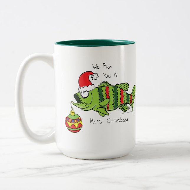 Funny Christmas Bass Fishing Fish Cute Cartoon Two-Tone Coffee Mug (Left)