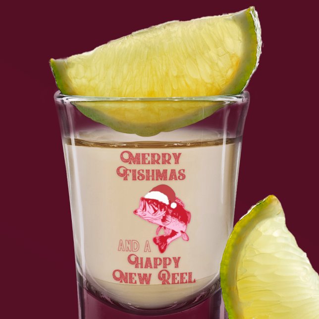 Funny Christmas Bass Fishing Shot Glass (Merry Fishmas! A funny Christmas fishing pun shot glass. )