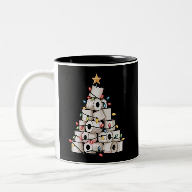 Funny Christmas Bathroom Toilet Paper Tree Humour Two-Tone Coffee Mug (Left)