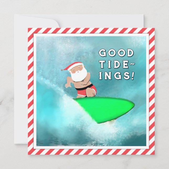Funny Christmas Beach Surfing  Holiday Card (Front)