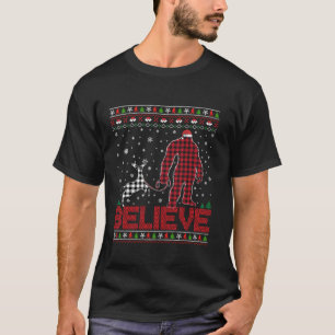 Funny Christmas Believe Bigfoot Plaid Reindeer Hol T-Shirt