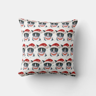Funny Christmas Black and White Cat Watercolor Cushion