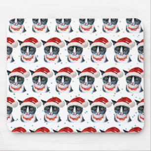 Funny Christmas Black and White Cat Watercolor Mouse Pad