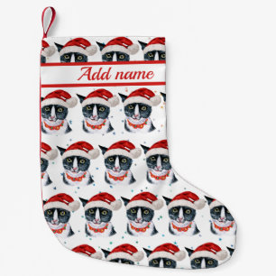 Funny Christmas Black and White Cat Watercolor Small Christmas Stocking