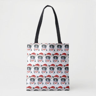 Funny Christmas Black and White Cat Watercolor Tote Bag