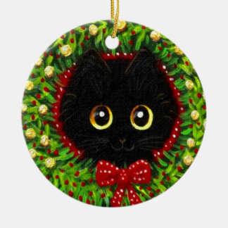 Funny Christmas Black Cat Art Creationarts Ceramic Ornament