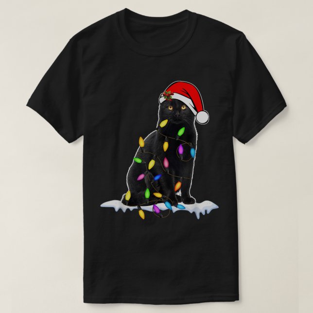 Funny Christmas Black Cat Design T-Shirt (Design Front)