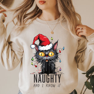 Funny Christmas Black Cat Naughty and I know it T-Shirt
