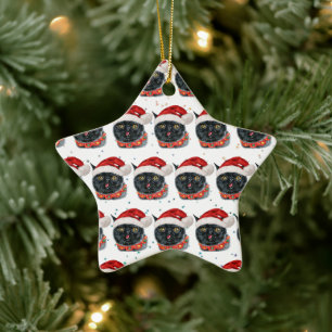 Funny Christmas Black Cat Watercolor Ceramic Ornament