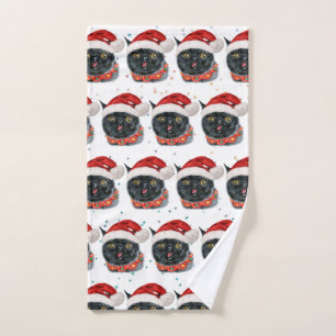 Funny Christmas Black Cat Watercolor Hand Towel