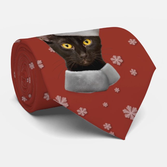 Funny Christmas Black Santa Cat Tie (Rolled)