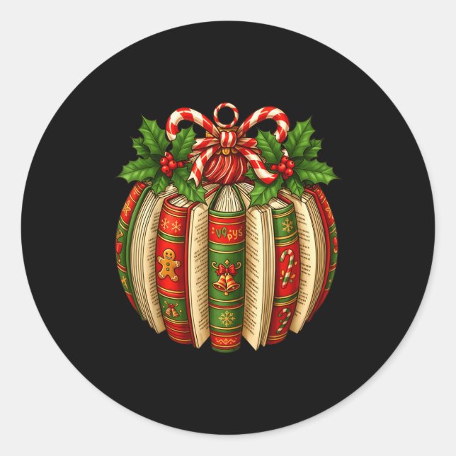 Funny Christmas Book Ornament Winter Xmas Teacher  Classic Round Sticker (Front)