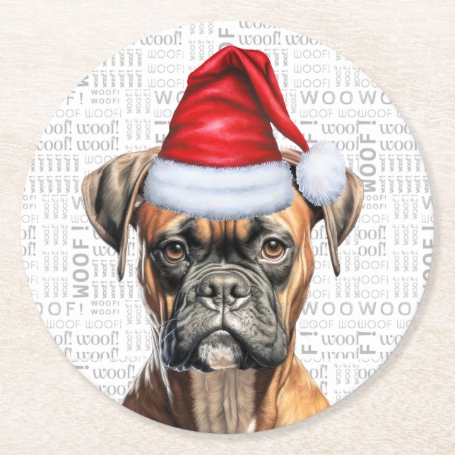 Funny Christmas Boxer Dog Lover Holiday Round Paper Coaster (Front)