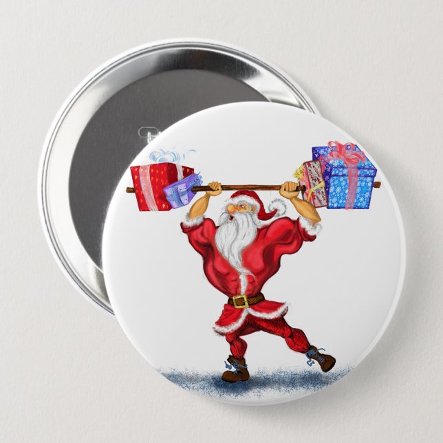 Funny Christmas Button Gift with Bodybuilder Santa (Front & Back)