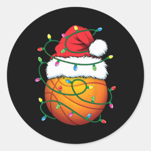 Funny Christmas Bysketbyll Santa Hat Xmas Lights M Classic Round Sticker