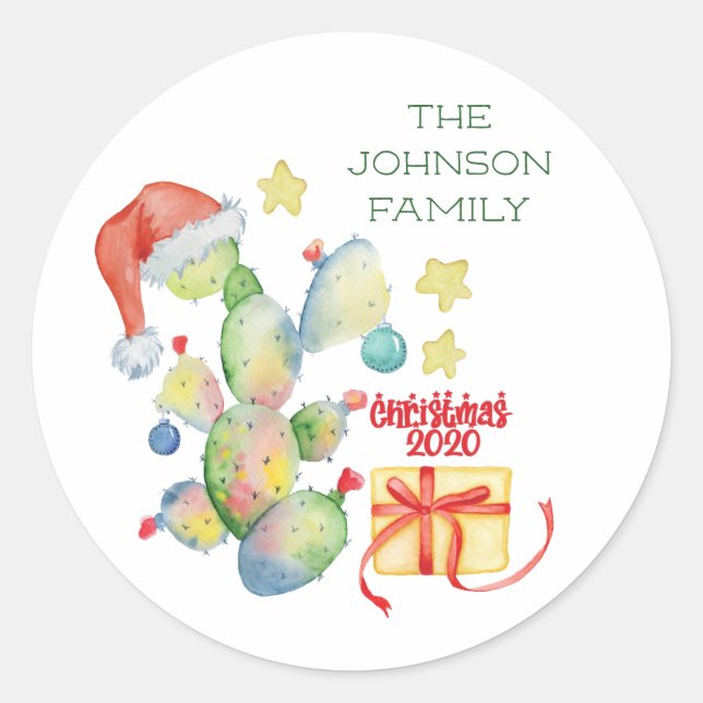 Funny Christmas Cactus Family Name Covid 2020 Classic Round Sticker (Front)