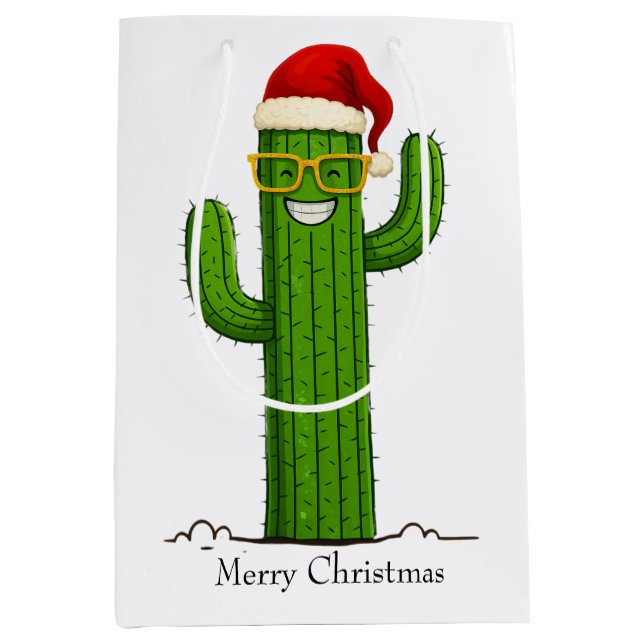 Funny Christmas Cactus with Santa Hat & Glasses Medium Gift Bag (Front)