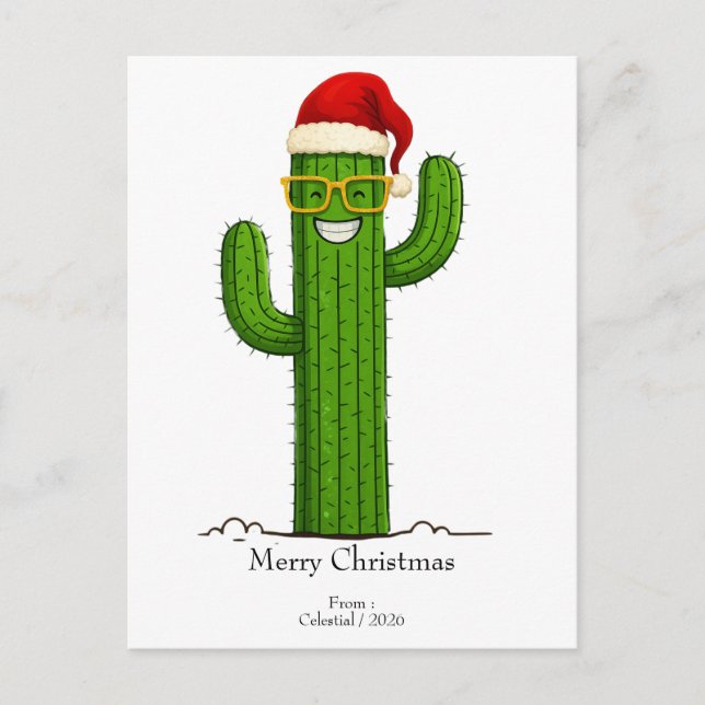 Funny Christmas Cactus with Santa Hat & Glasses Postcard (Front)