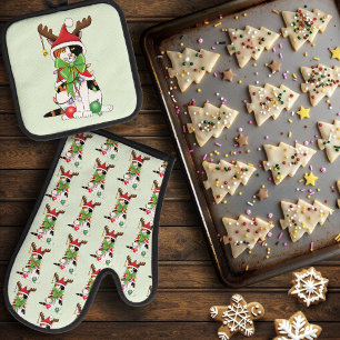 Funny Christmas Calico Cat Oven Mitt & Pot Holder Set