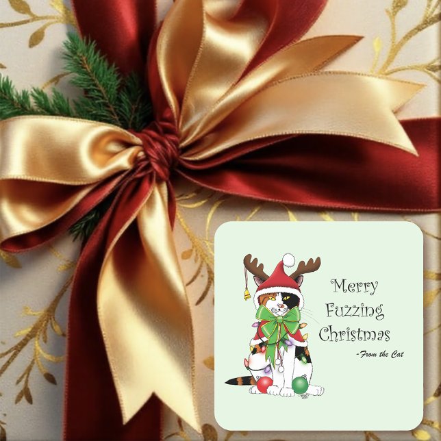 Funny Christmas Calico Cat Square Sticker (Creator Uploaded)