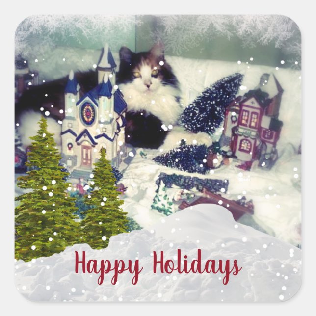 Funny Christmas Calico Cat Template Square Sticker (Front)