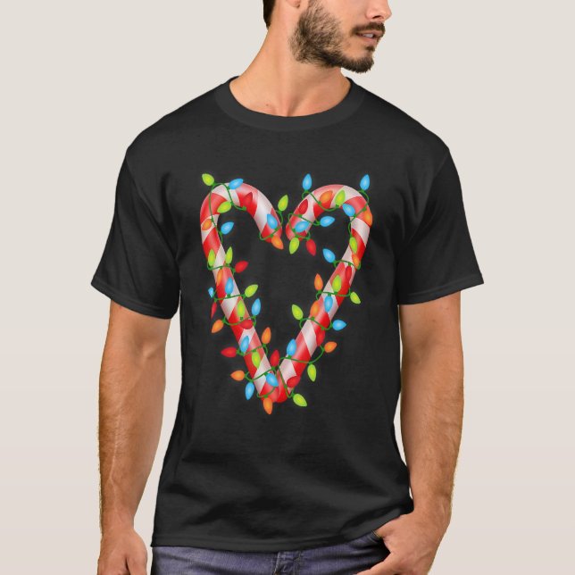 Funny Christmas Candy Cane Heart Xmas Lights Match T-Shirt (Front)
