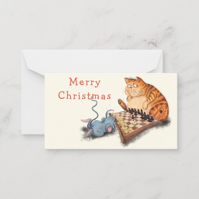 Funny Christmas Card Cat and Mouse Playing Chess (Front)