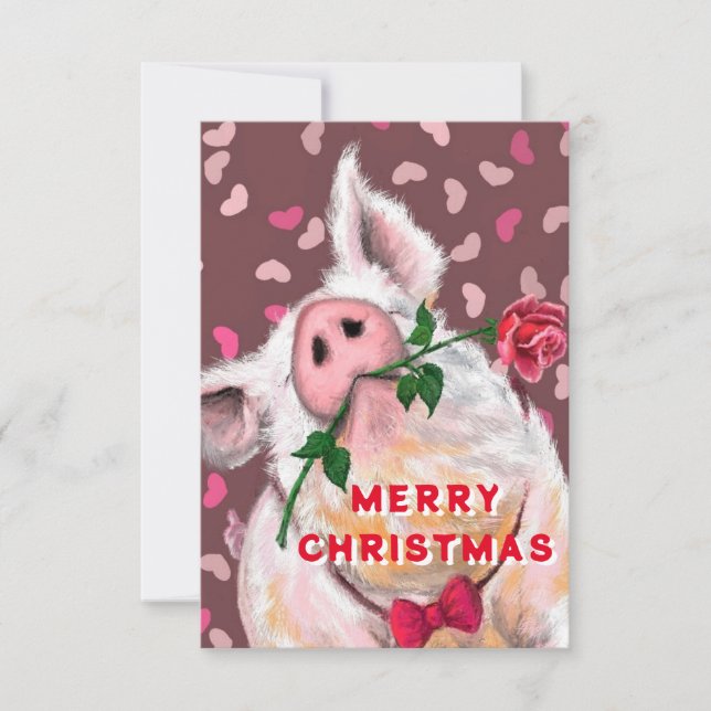Funny Christmas Card Gentleman Pig with Rose (Front)