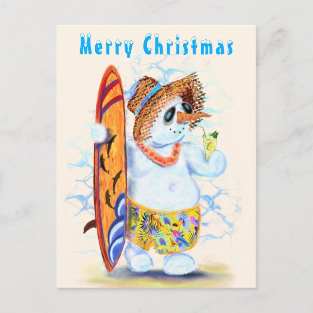 Funny Christmas card with Summer Snowman Surfer (Front)