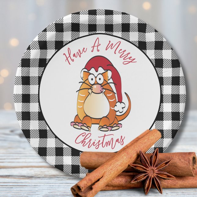 Funny Christmas Cartoon Cat Santa Hat Holiday Paper Plate (Creator Uploaded)