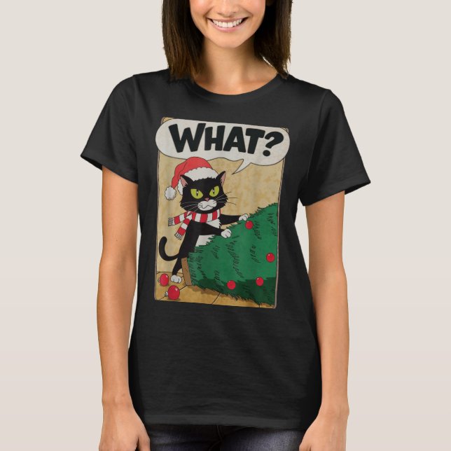 Funny Christmas Cat Christmas Tree Meowy Christmas T-Shirt (Front)