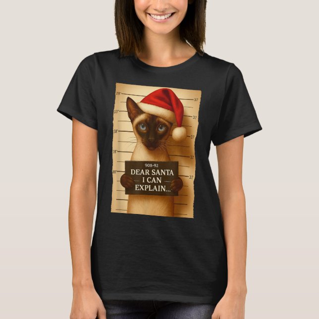 Funny Christmas Cat- Cute Siamese Santa Hat Tee  (Front)