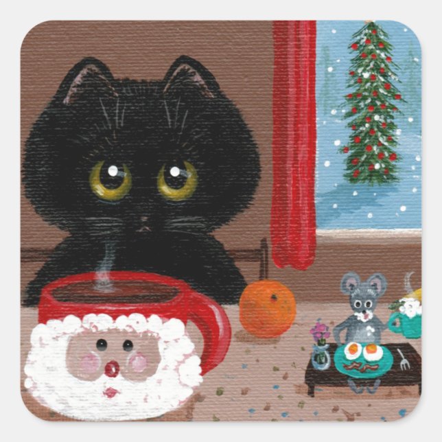 Funny Christmas Cat Mouse Creationarts Square Sticker (Front)