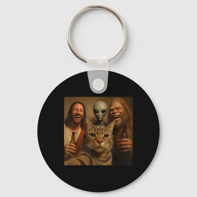Funny Christmas Cat Selfie Bigfoot An Alien &amp;  Key Ring (Front)