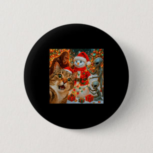 Funny Christmas Cat Selfie With Bigfoot Alien & 6 Cm Round Badge