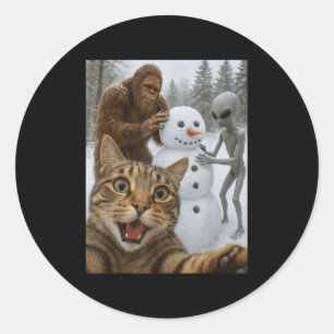 Funny Christmas Cat Selfie With Bigfoot Alien & Classic Round Sticker