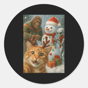 Funny Christmas Cat Selfie With Bigfoot Alien & Classic Round Sticker