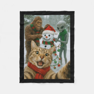 Funny Christmas Cat Selfie With Bigfoot Alien & Fleece Blanket