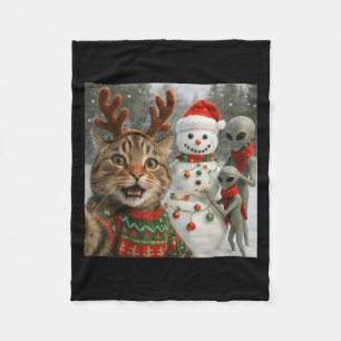 Funny Christmas Cat Selfie With Bigfoot Alien & Fleece Blanket